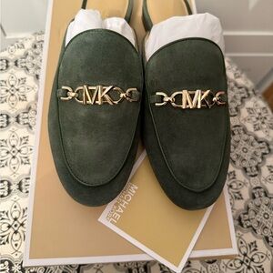 Michael Kors Forest Green Suede Mules with Gold Accent